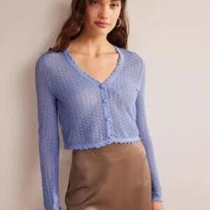 Boden cropped pointelle cardigan with scalloped detail, blue